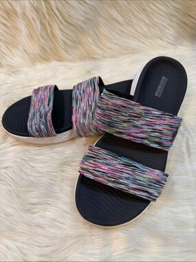 Sketcher Women's Black Slide Sandals with Multicolor Straps  -Size 9